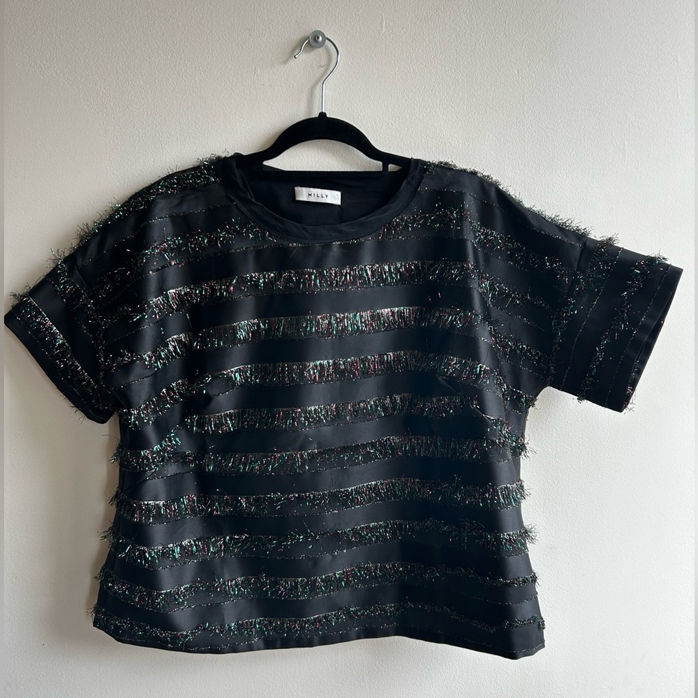 Milly Textured Striped Short Sleeve Top | Black | Size M